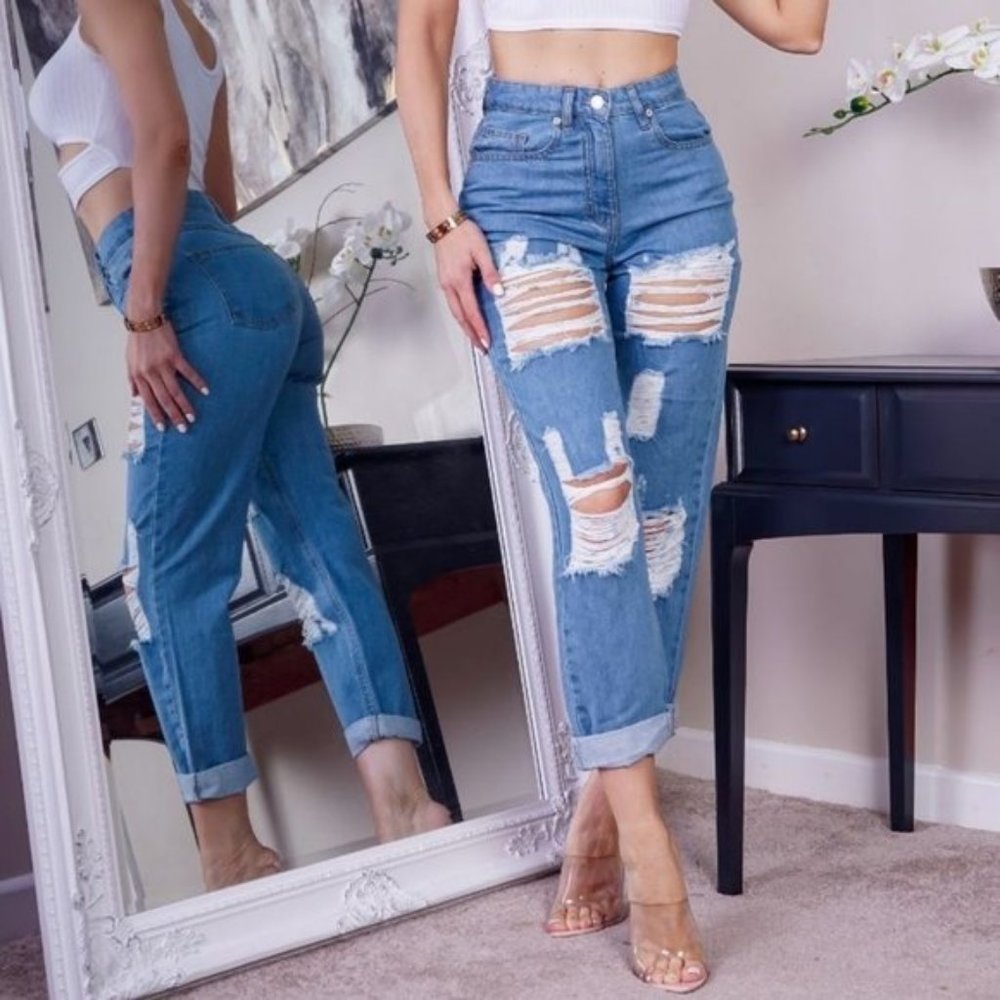High Waist Ripped Distressed Boyfriend Jeans Denim - Picture 7 of 7